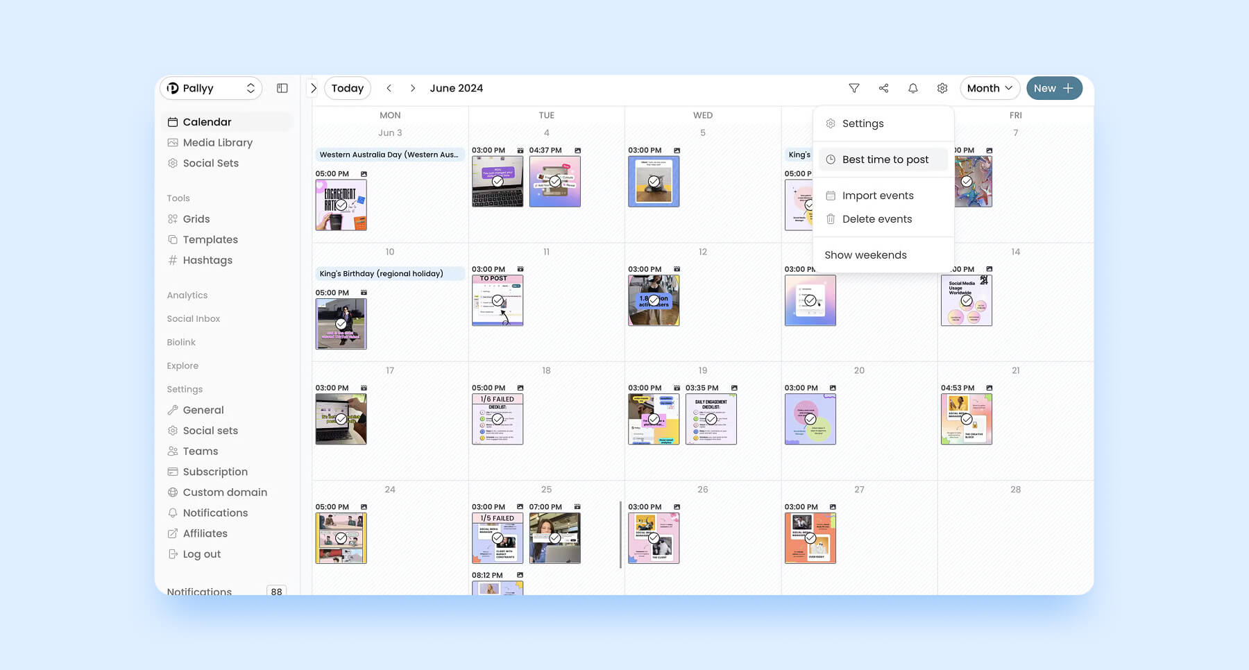 Pallyy content calendar showing scheduled social media posts with post time overlay.