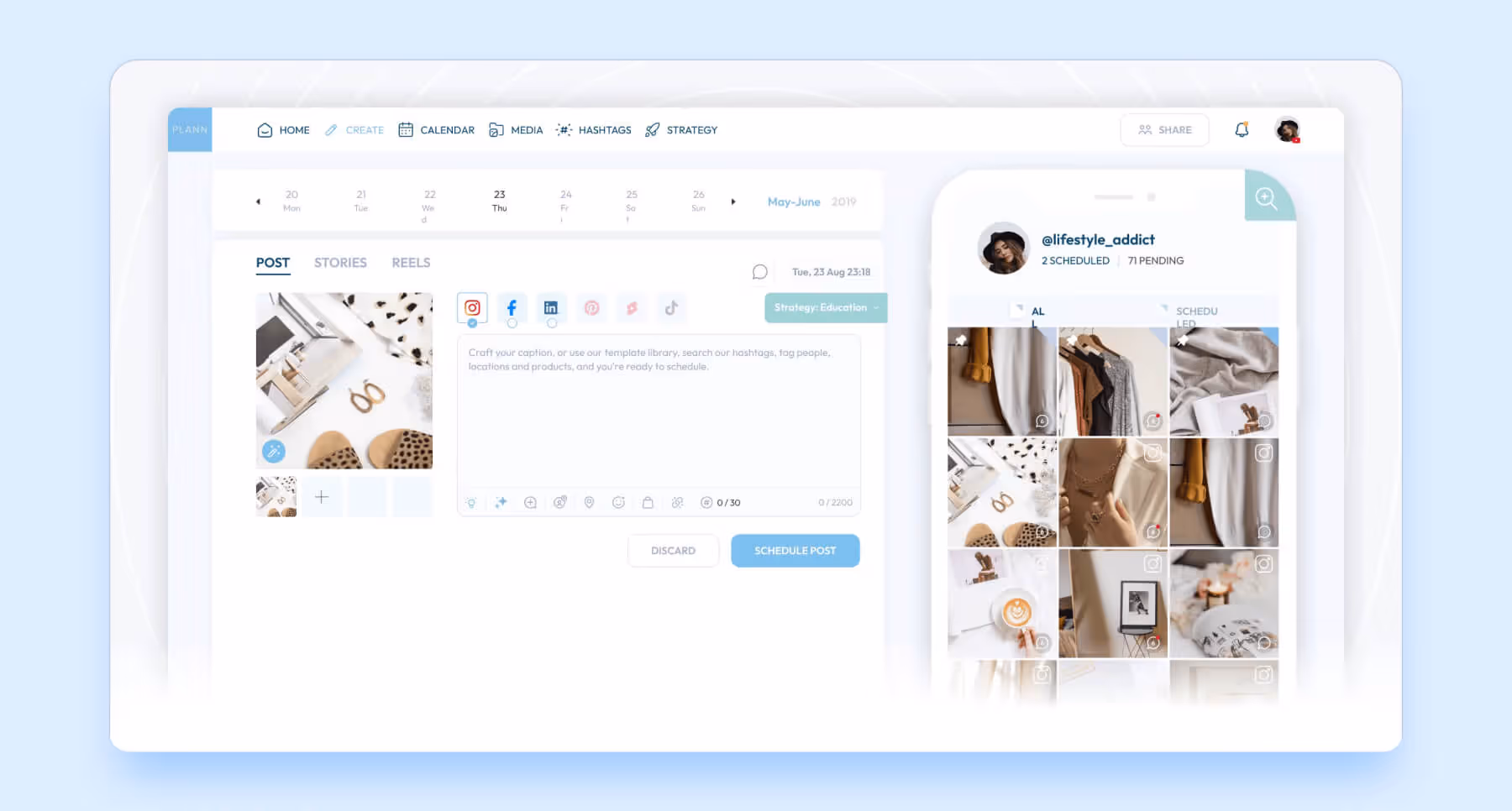 Plann visual content scheduler with post preview and Instagram feed layout.