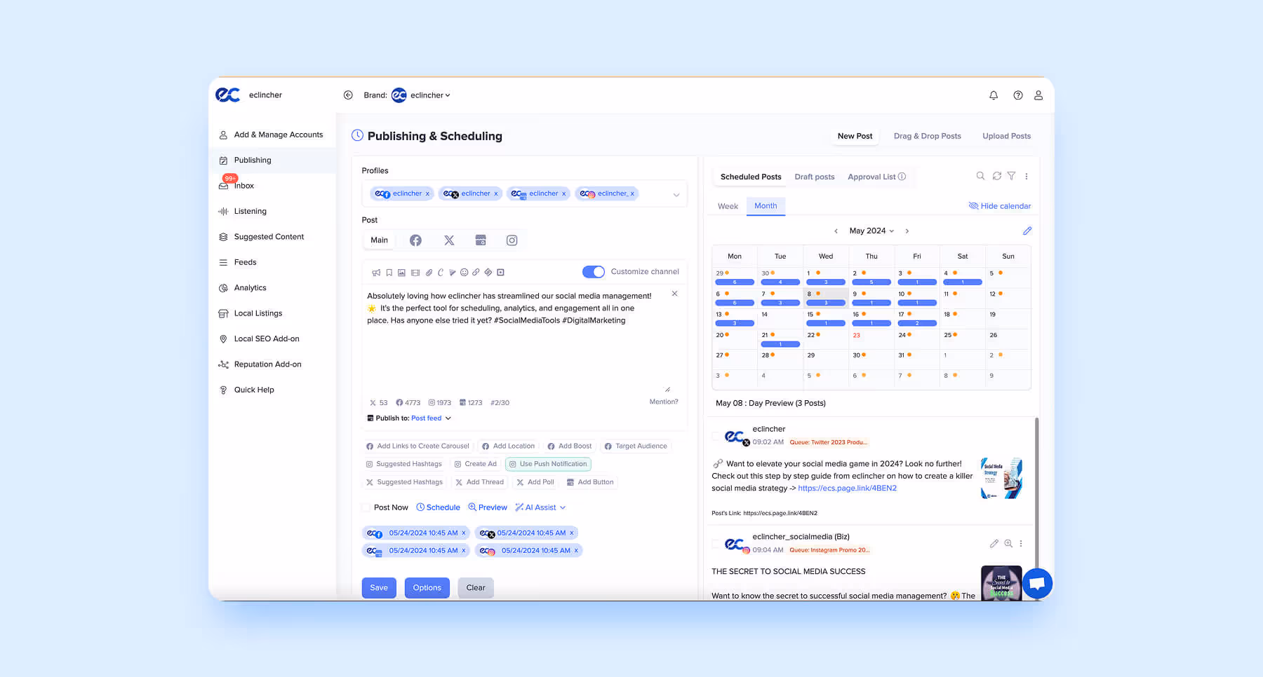 eclincher publishing and scheduling dashboard for managing multiple social profiles.