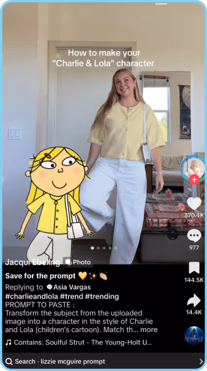 Woman smiling next to cartoon version of herself in Charlie & Lola style