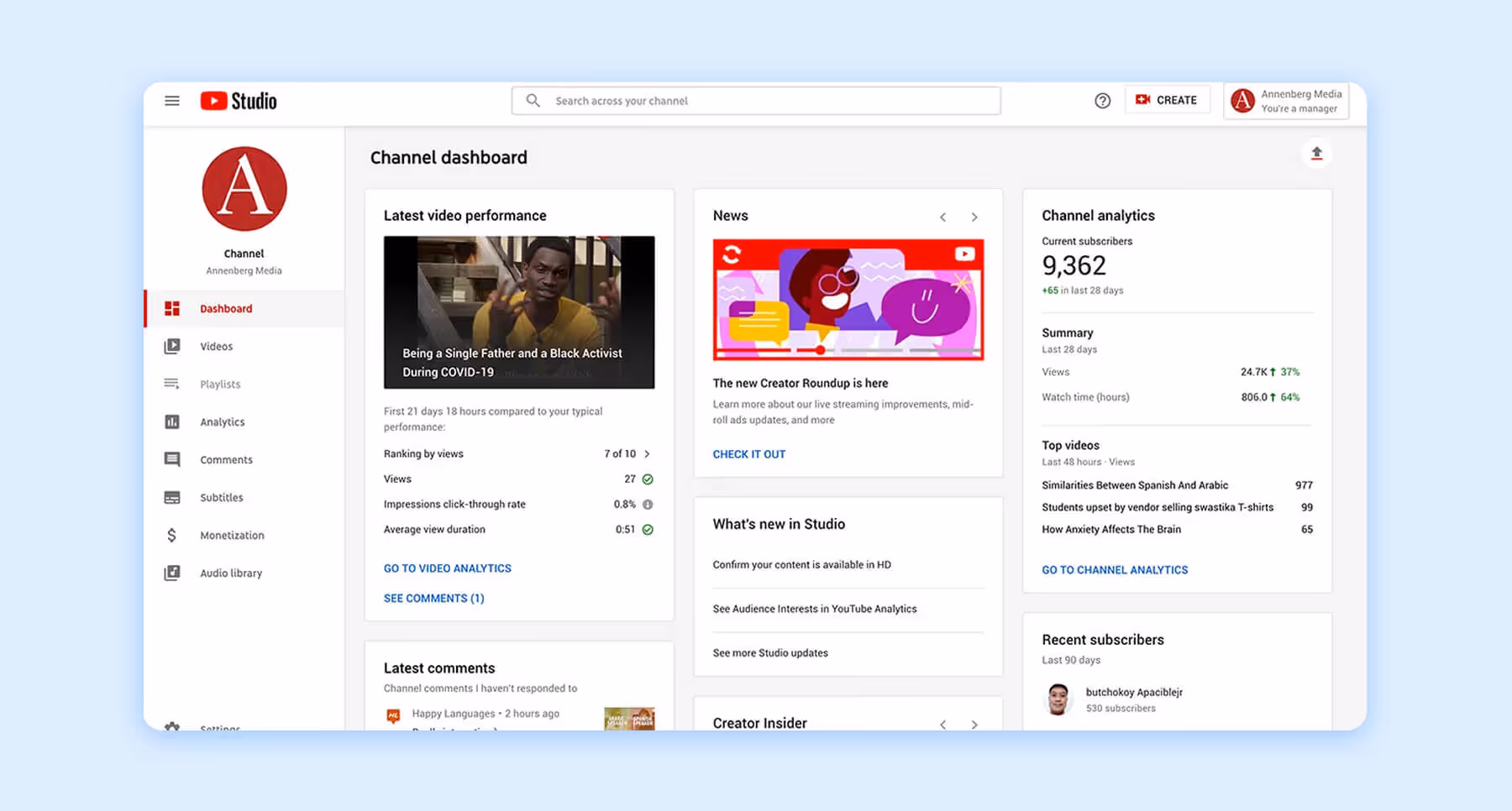 YouTube Studio dashboard showing channel analytics and subscriber growth data