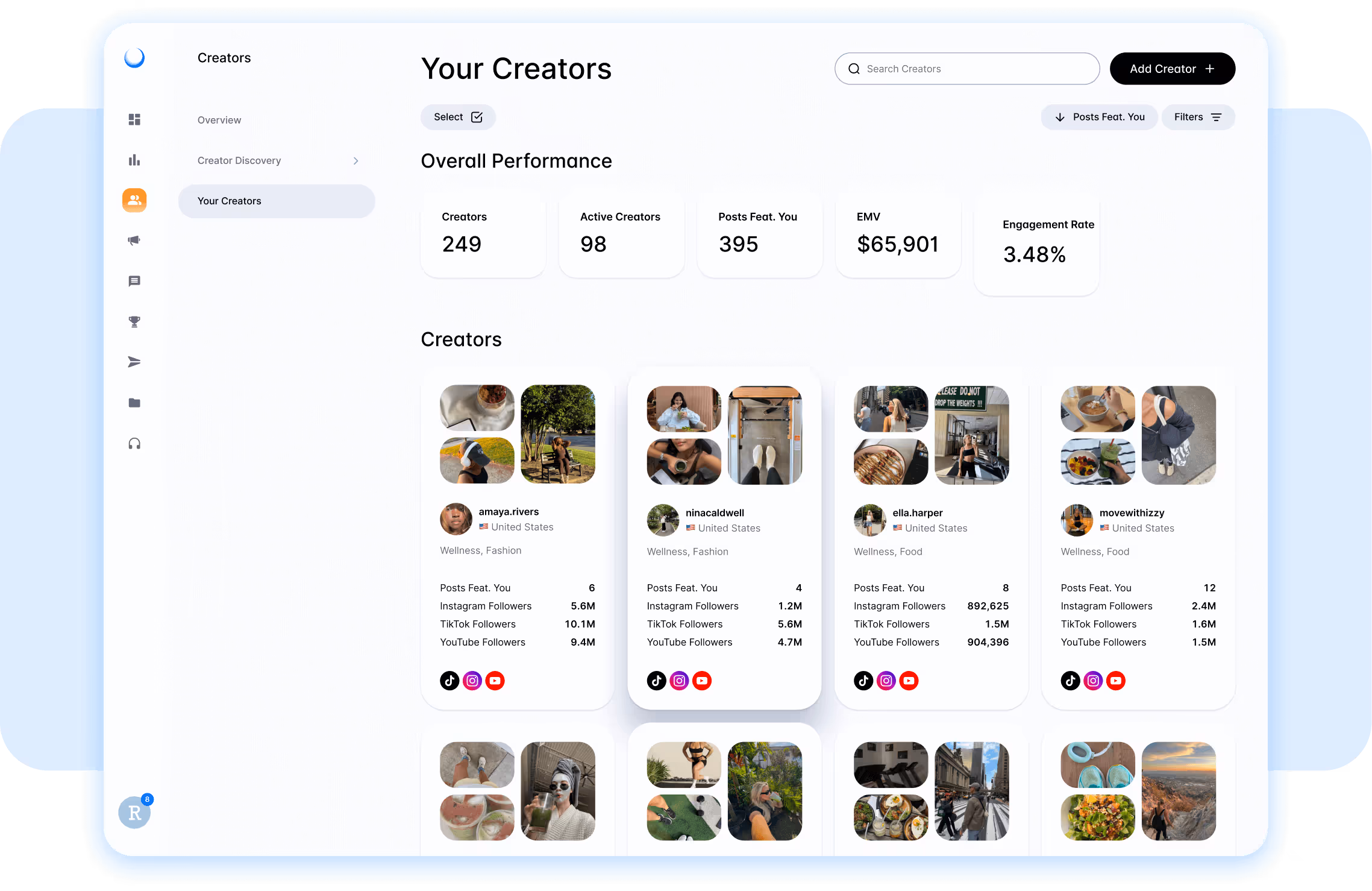 Dash Social creator management dashboard showcasing profiles with follower metrics and featured posts.