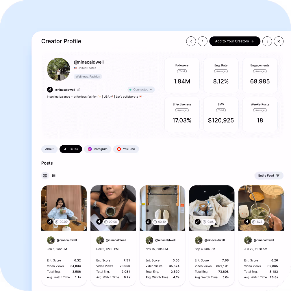 Dash Social creator profile with metrics for followers, engagement, EMV, and detailed posts.