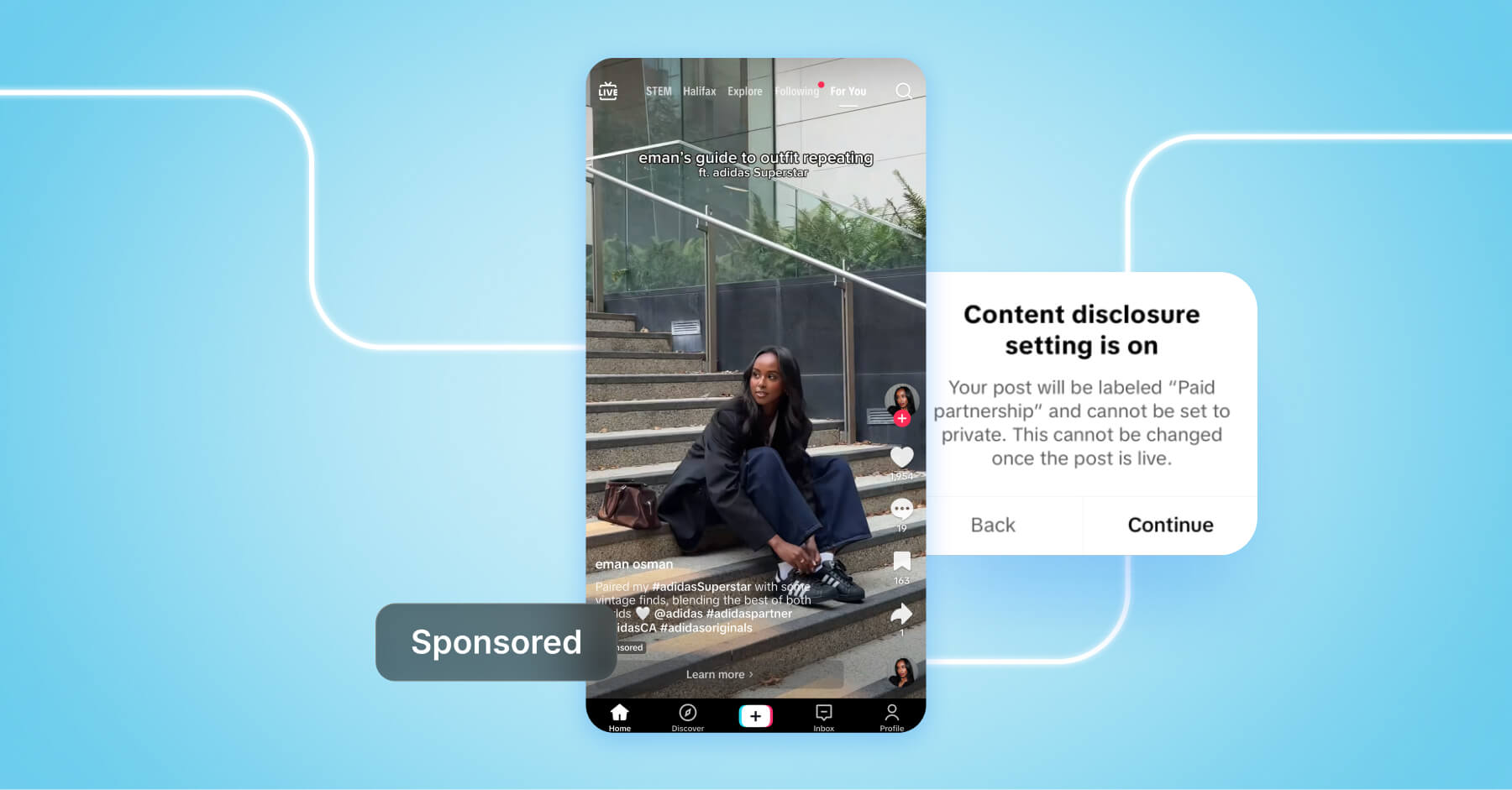 TikTok content disclosure screen showing paid partnership post with Dash Social branding.