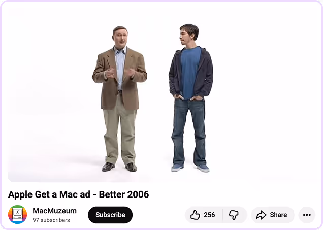 Apple’s Mac vs PC ad featuring two men standing on a white background