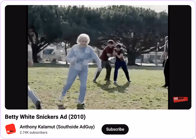 Betty White playing football in iconic 2010 Snickers commercial