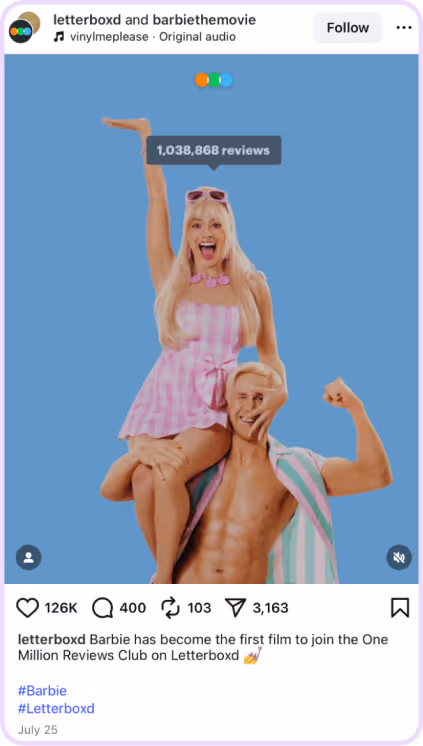 Barbie and Ken celebrating Letterboxd milestone with over one million reviews