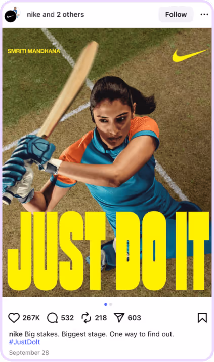 Cricketer Smriti Mandhana swinging bat in Nike's bold Just Do It campaign