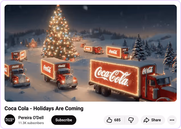 Coca-Cola trucks drive through snowy landscape with lit Christmas tree