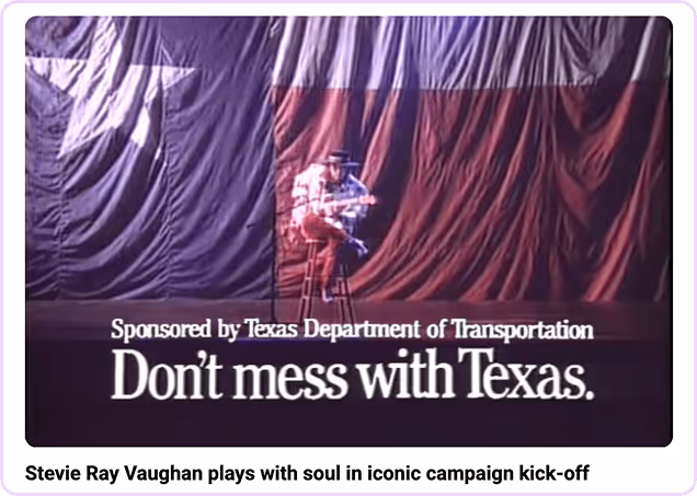 Stevie Ray Vaughan plays guitar in front of Texas flag for PSA campaign
