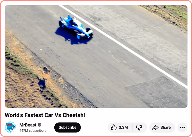 Blue race car speeding on an outdoor track in MrBeast’s “Fastest Car vs Cheetah” video.