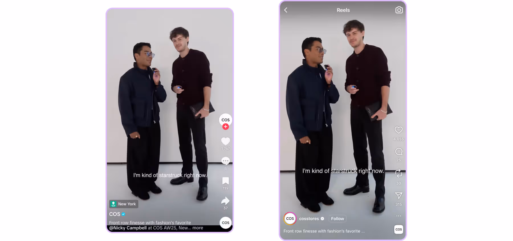 Two men in dark outfits speaking during a COS fashion interview.