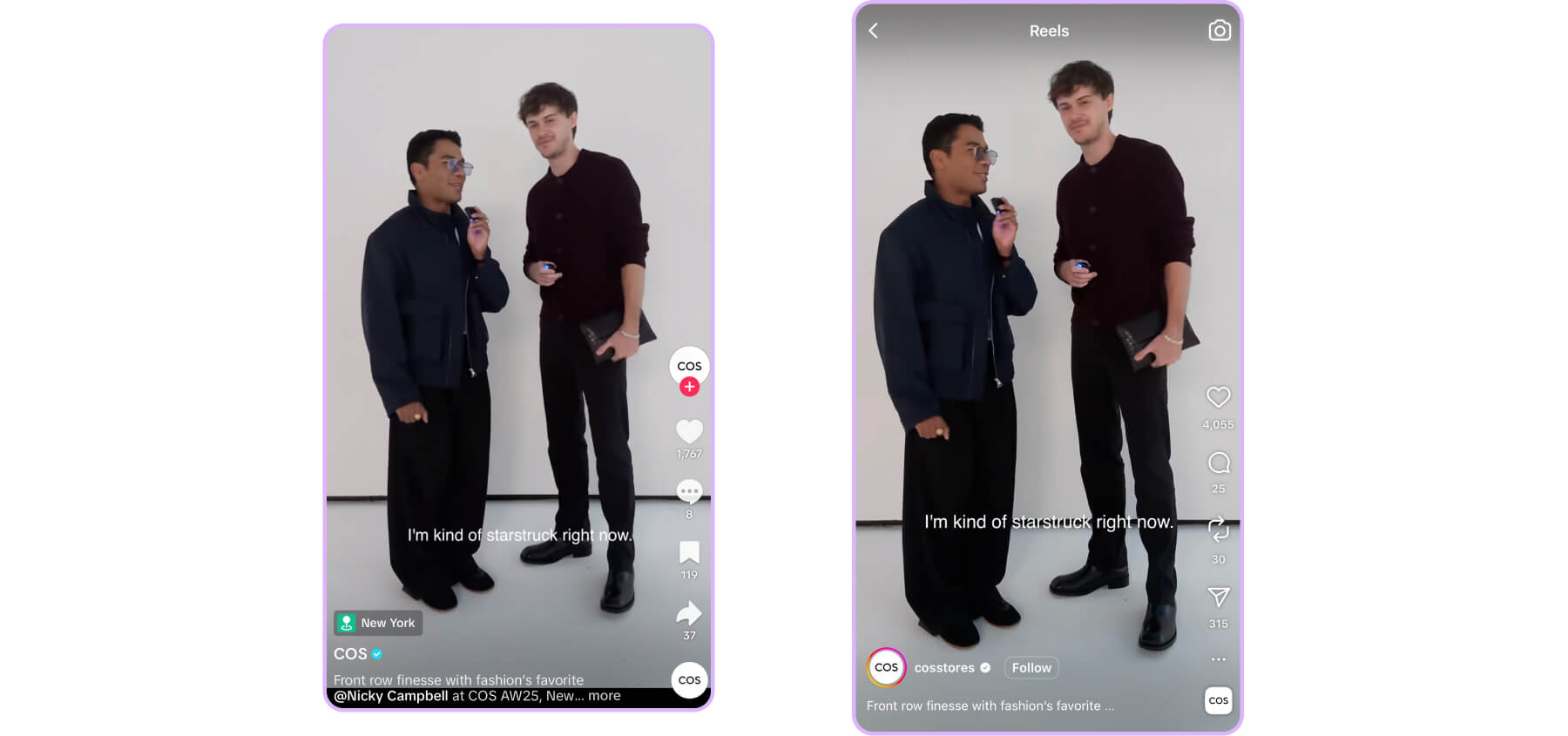 Two men in dark outfits speaking during a COS fashion interview.