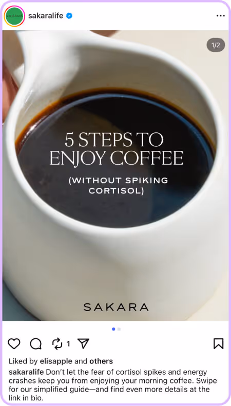 Overhead view of black coffee in white mug with health tips text overlay.