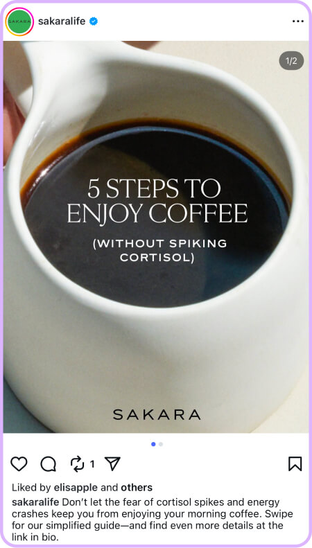 Overhead view of black coffee in white mug with health tips text overlay.