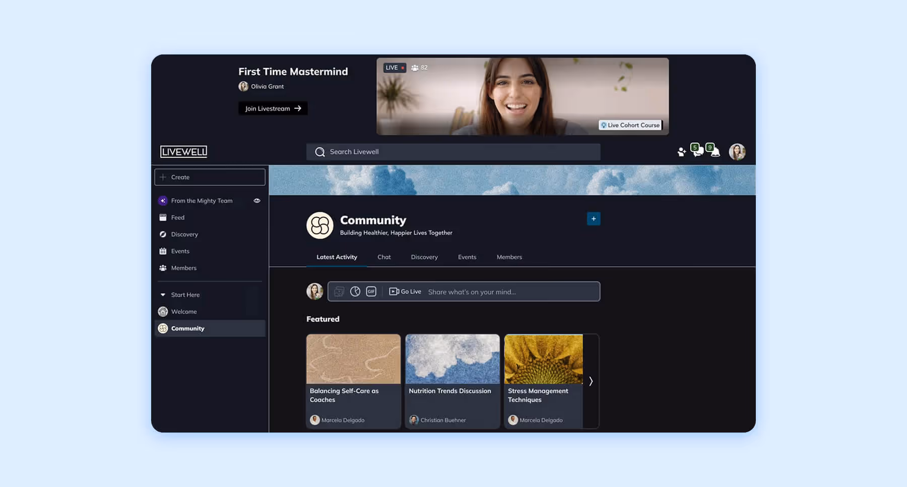 Community dashboard with livestream banner, featured topics, and chat options