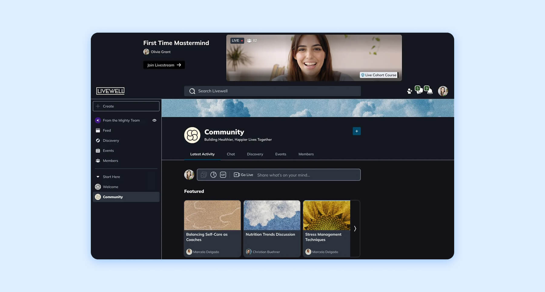 Community dashboard with livestream banner, featured topics, and chat options