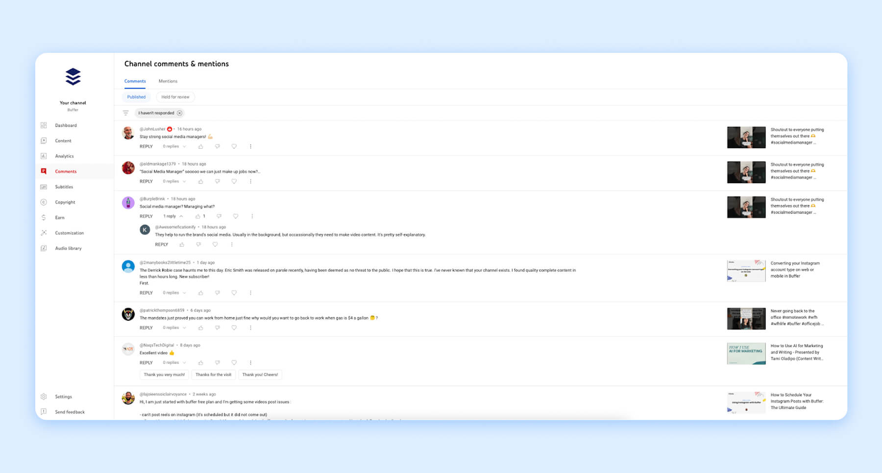 YouTube channel comment dashboard showing user replies and published mentions