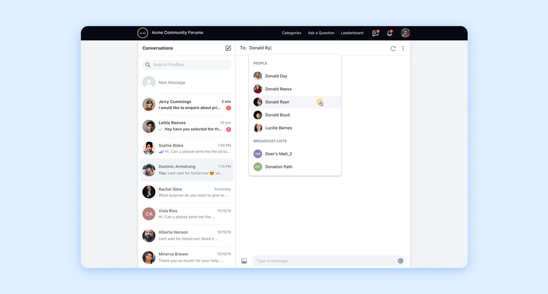 Social media inbox showing customer messages, replies, and user profile insights