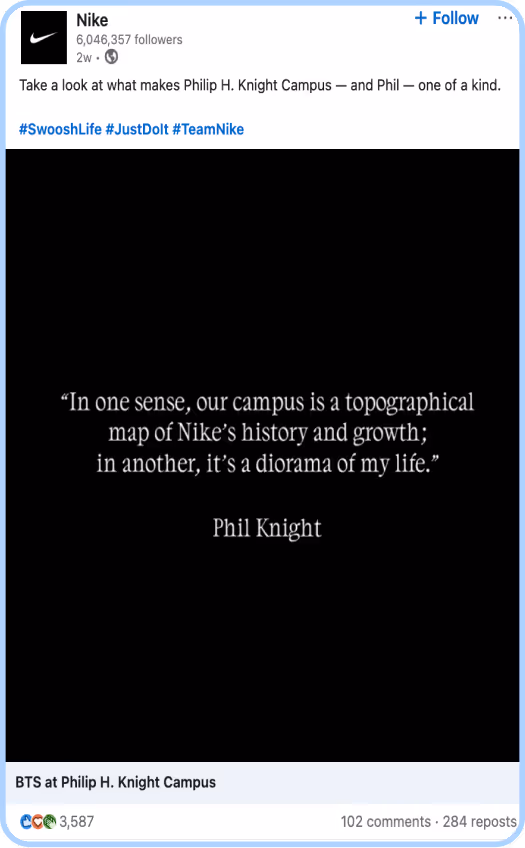 Phil Knight quote about Nike campus displayed in white text on a black background.