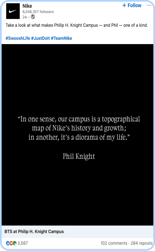 Phil Knight quote about Nike campus displayed in white text on a black background.