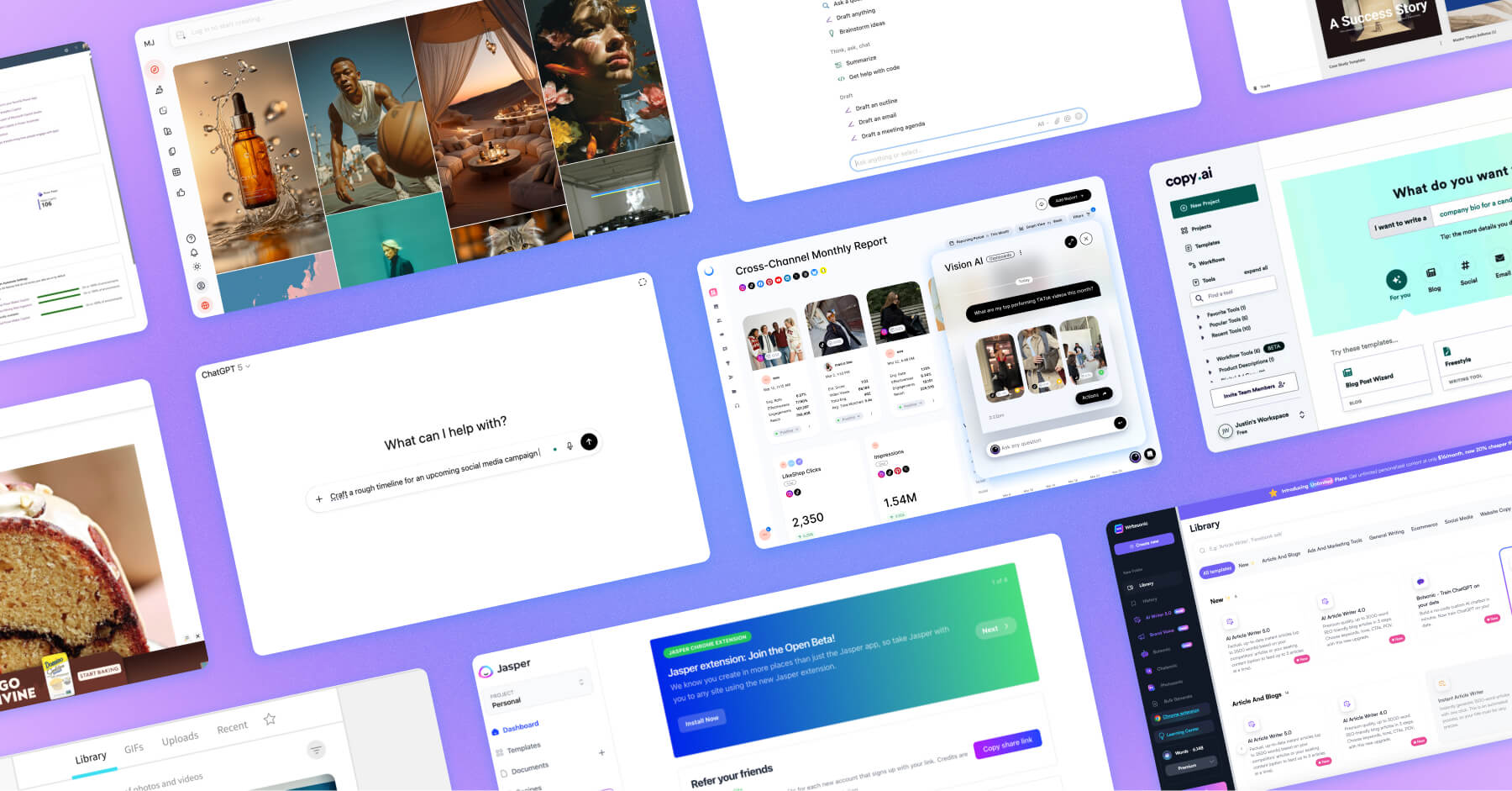 AI marketing tools interfaces showcasing content creation, analytics, and automation platforms