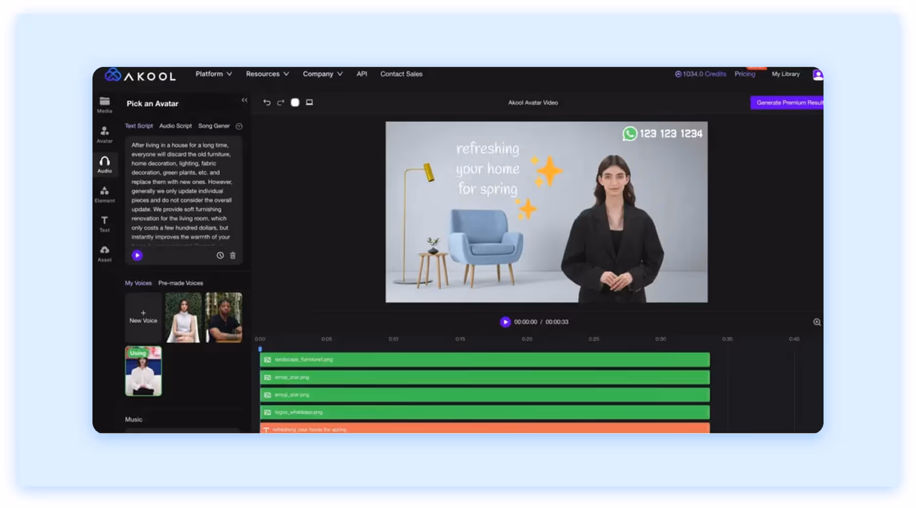 Akool AI video editor interface with avatar selection and timeline editing features.