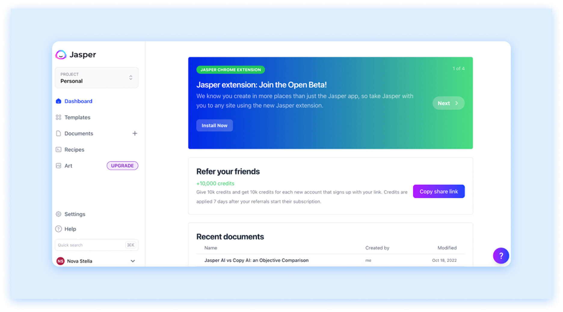  Jasper AI dashboard with Chrome extension banner, referral bonus, and recent documents list.