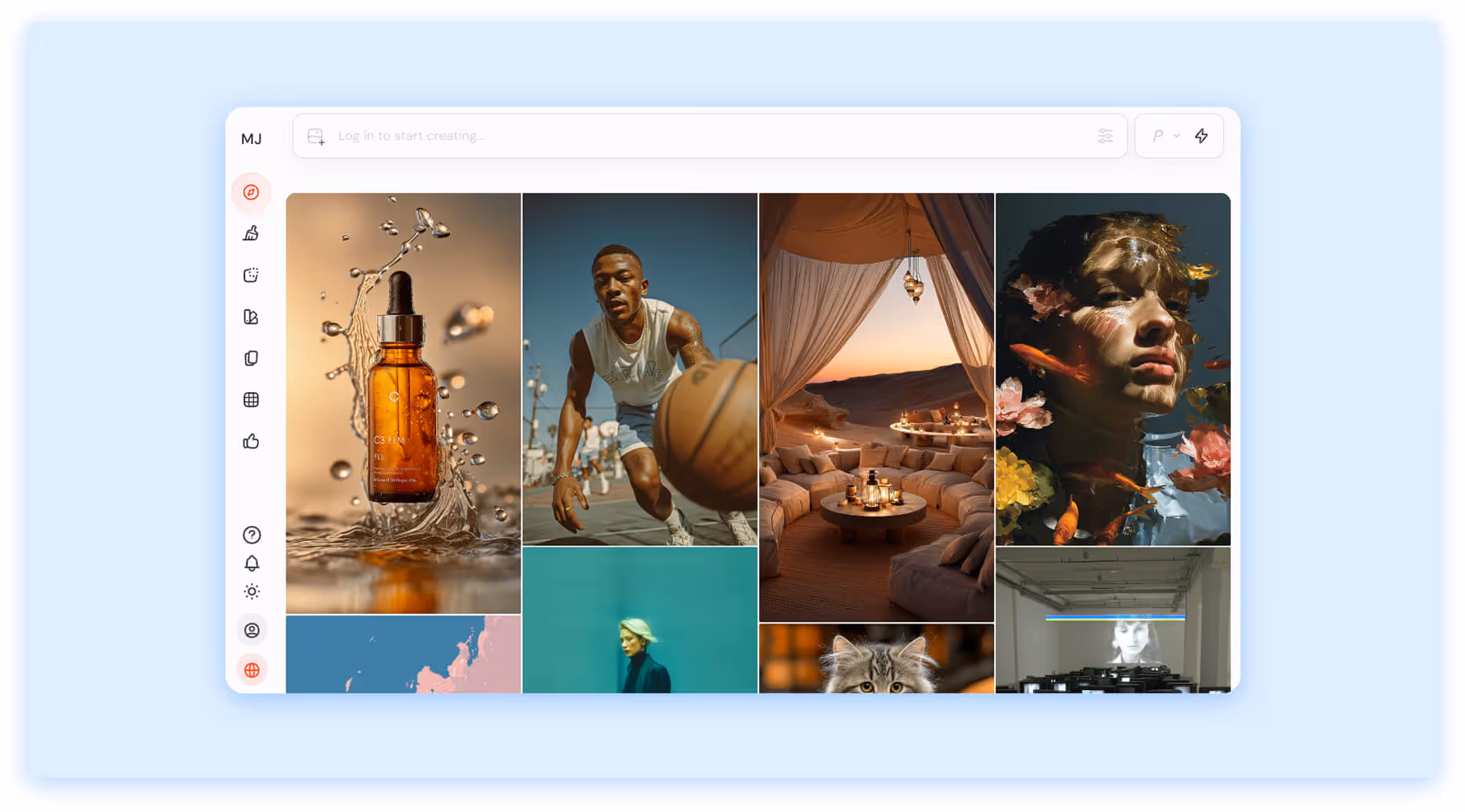 AI-generated image gallery showing product shots, portraits, interiors, and creative concepts.