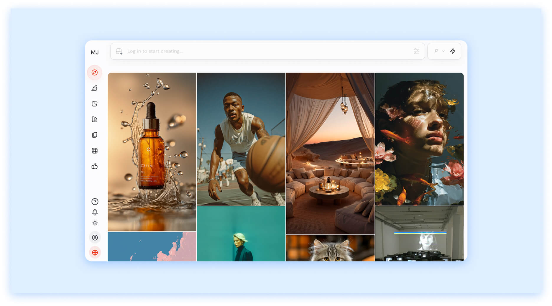 AI-generated image gallery showing product shots, portraits, interiors, and creative concepts.
