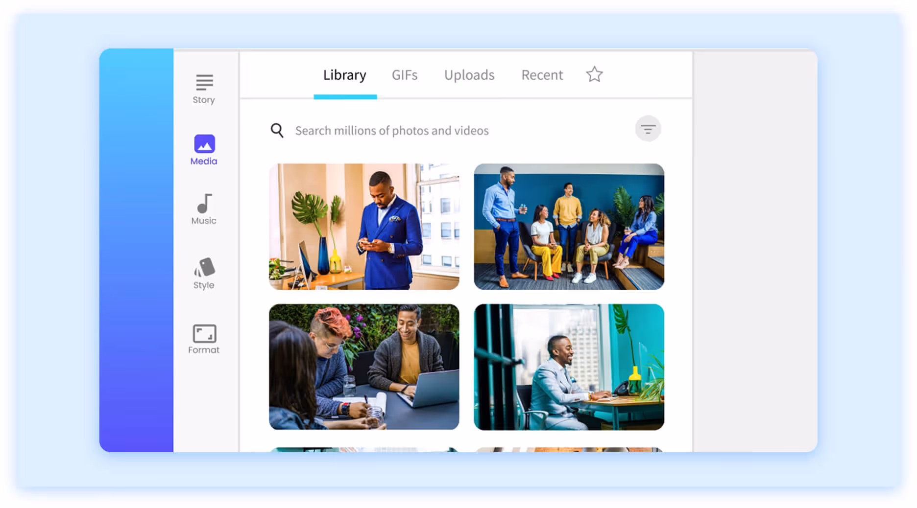 Mojo media library interface displaying diverse professional stock photo thumbnails.