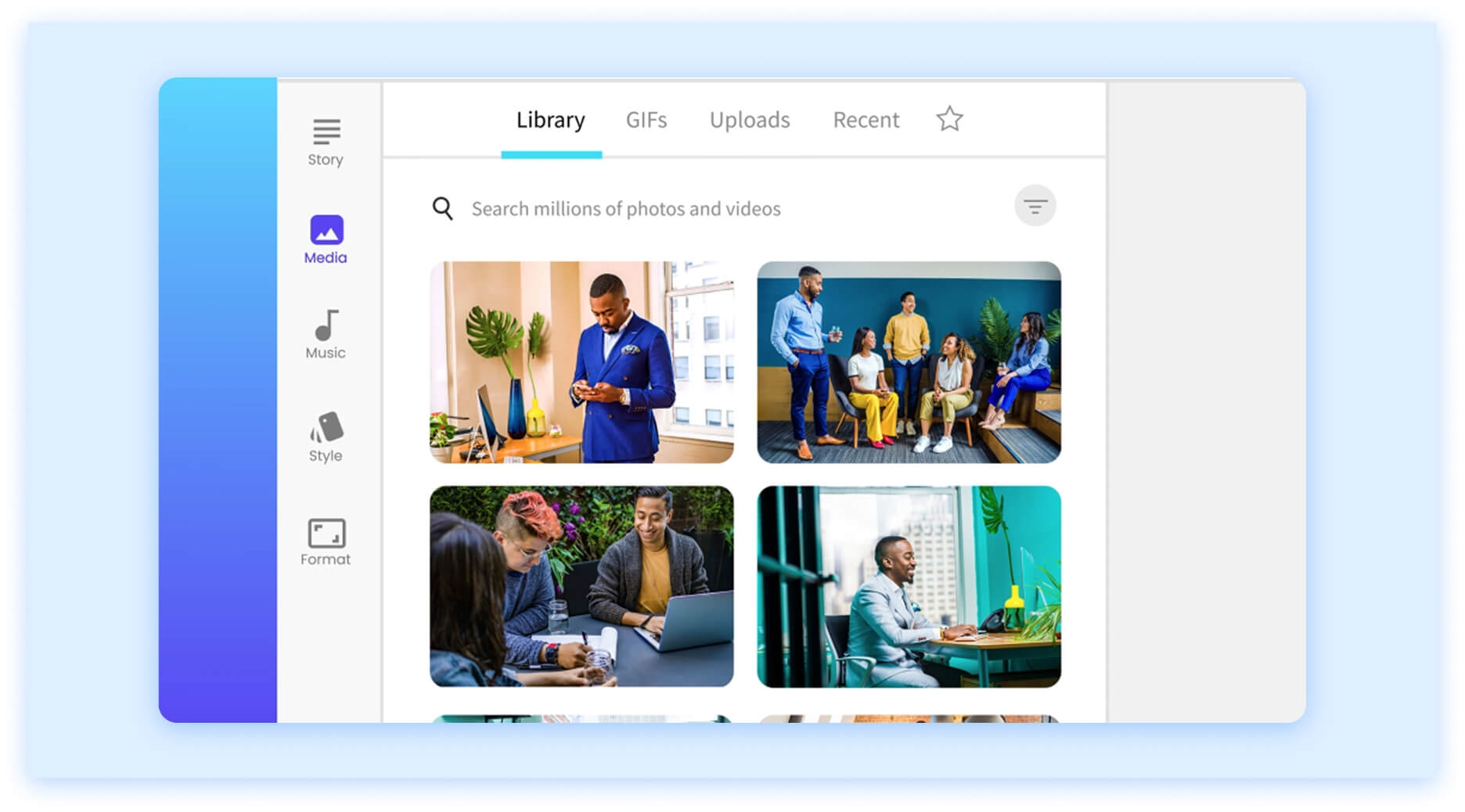 Mojo media library interface displaying diverse professional stock photo thumbnails.