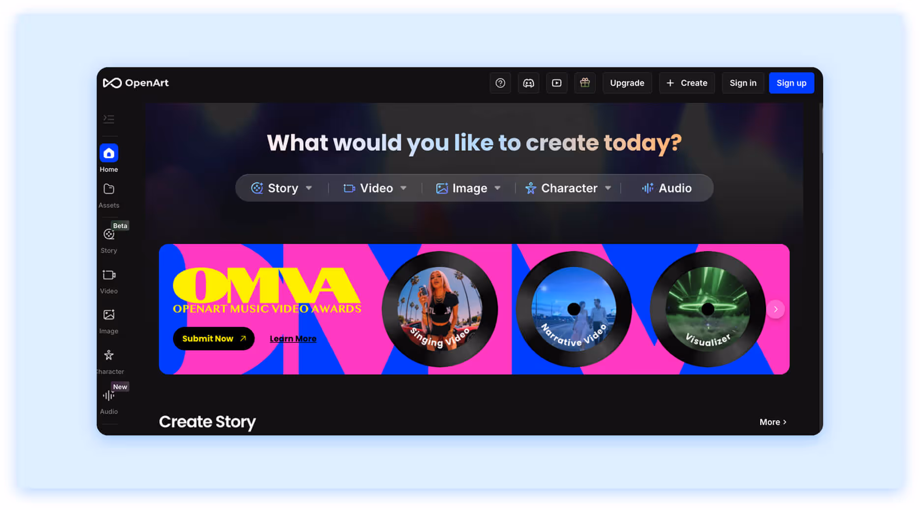 OpenArt creation dashboard with options for story, video, image, character, and audio.