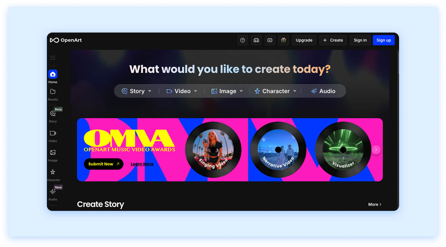 OpenArt creation dashboard with options for story, video, image, character, and audio.