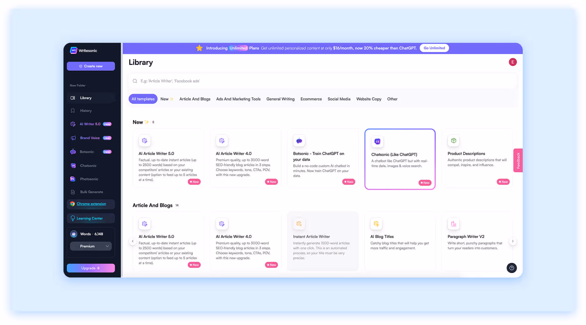 Writesonic AI content tool library with templates for blogs, ads, and product descriptions.