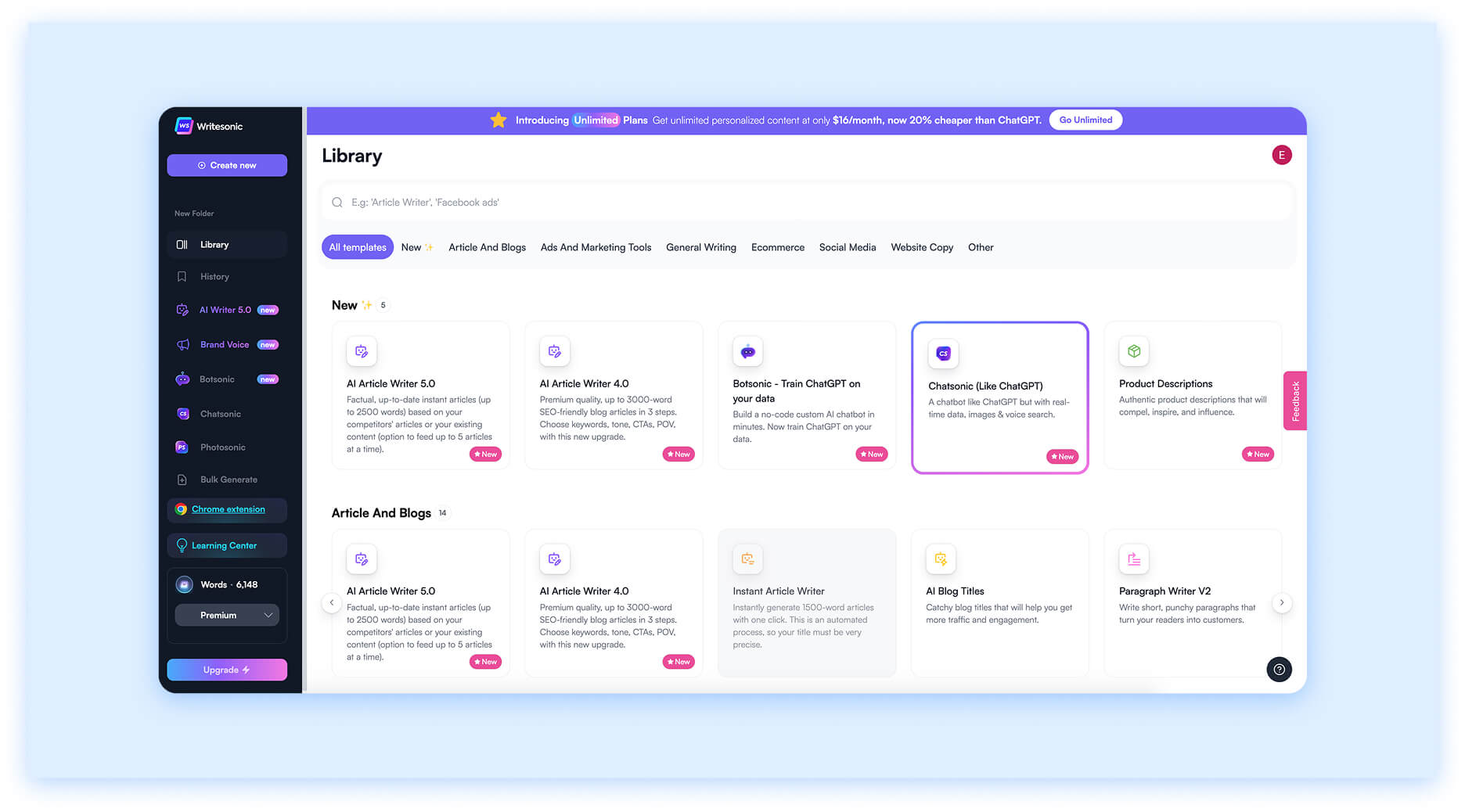 Writesonic AI content tool library with templates for blogs, ads, and product descriptions.