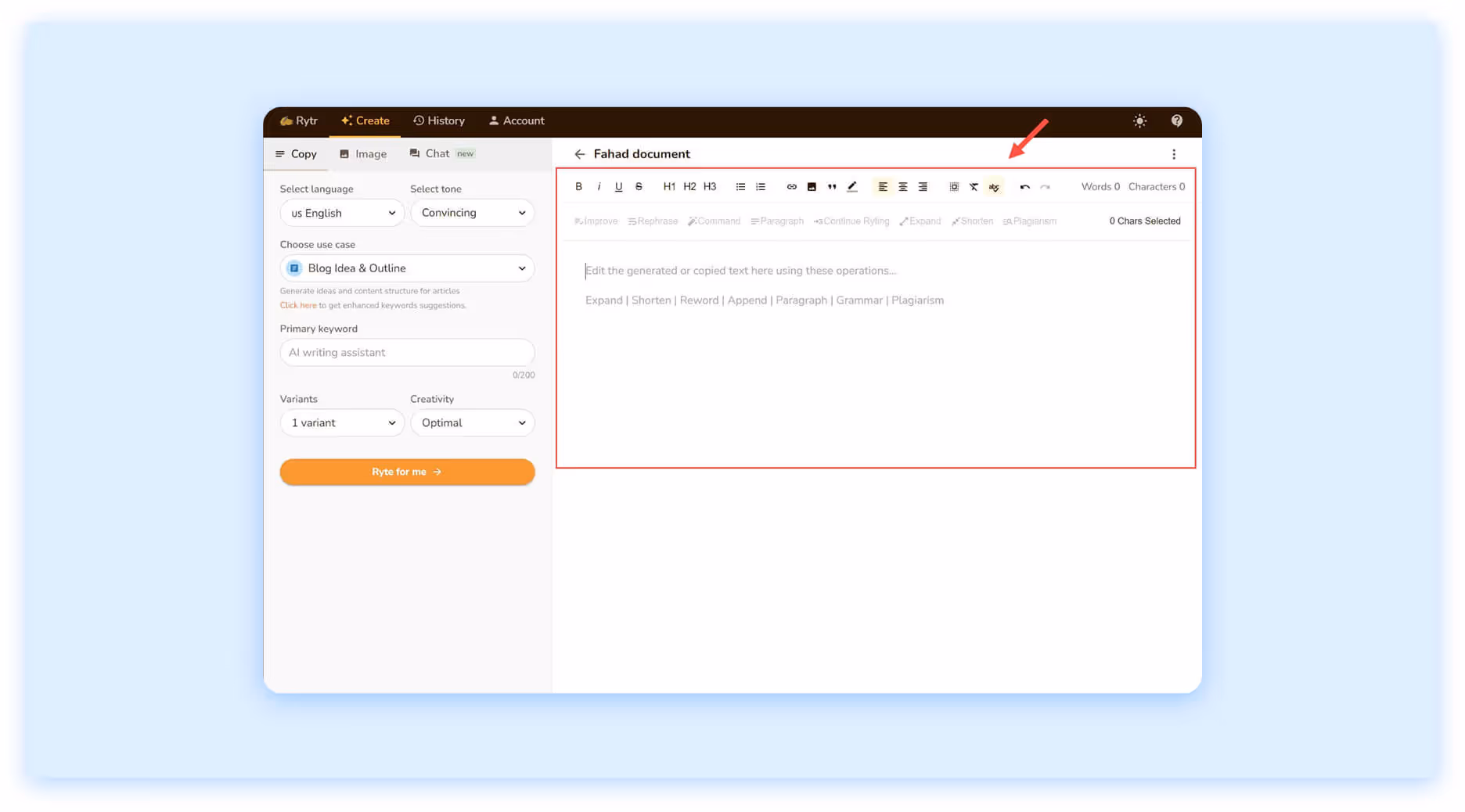 Rytr AI writing tool with options for language, tone, use case, and blog outline creation.