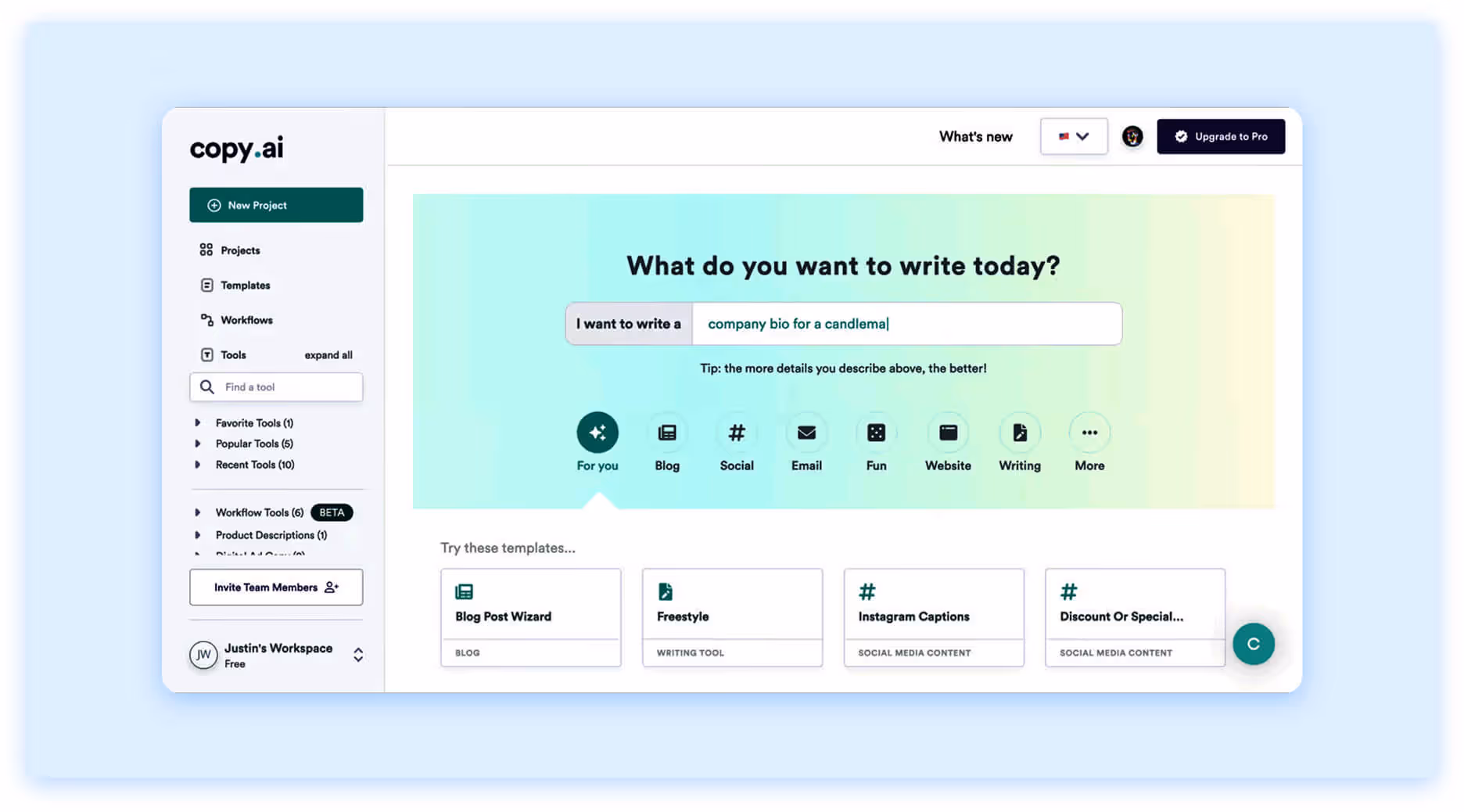 Copy.ai dashboard with text prompt input, tool categories, and writing template options.