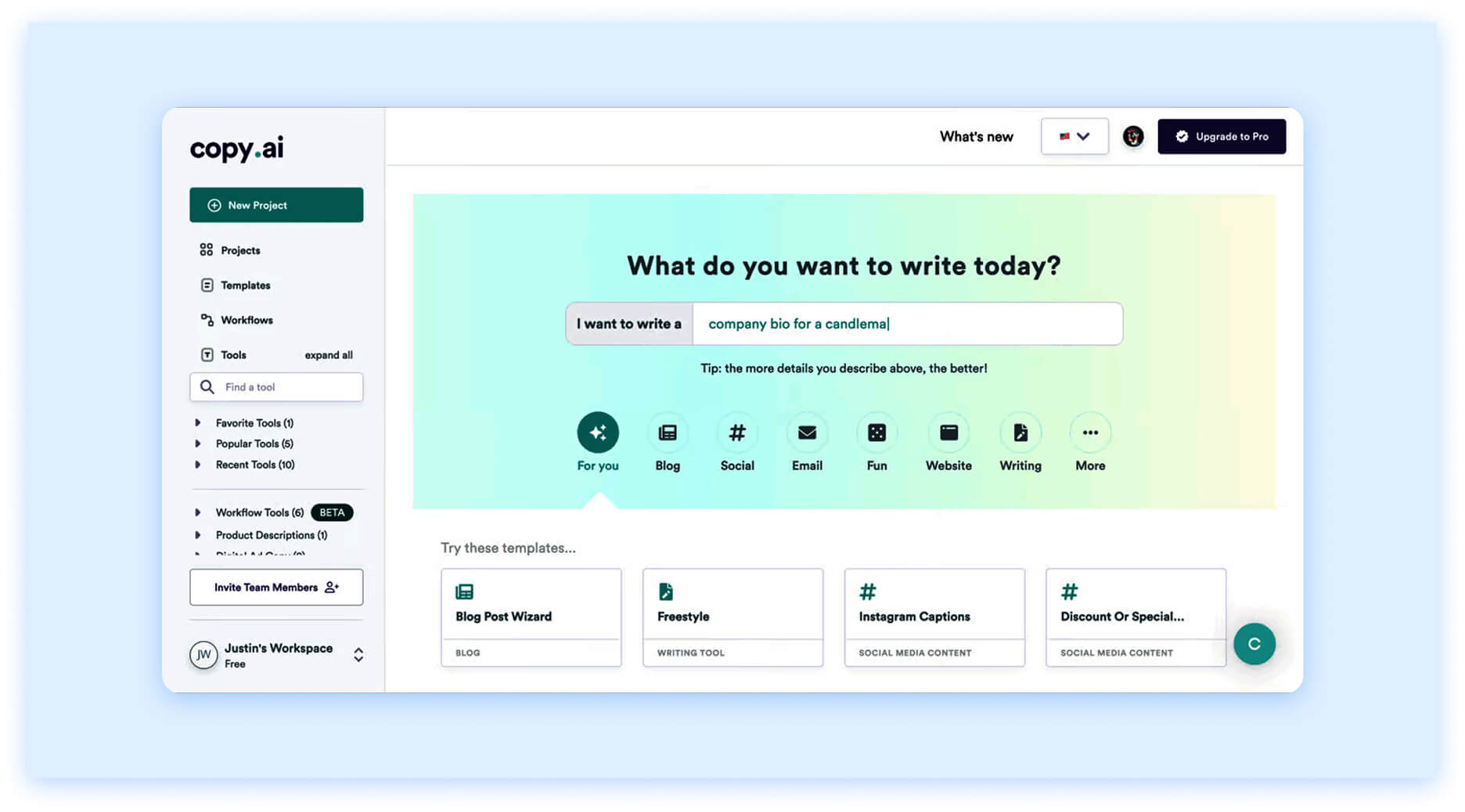 Copy.ai dashboard with text prompt input, tool categories, and writing template options.