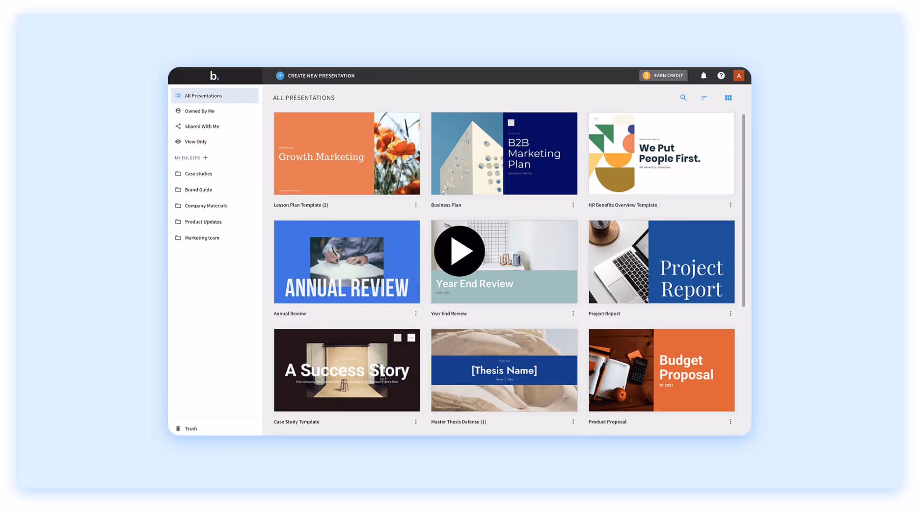 Presentation library showing templates for marketing, reviews, reports, and proposals.