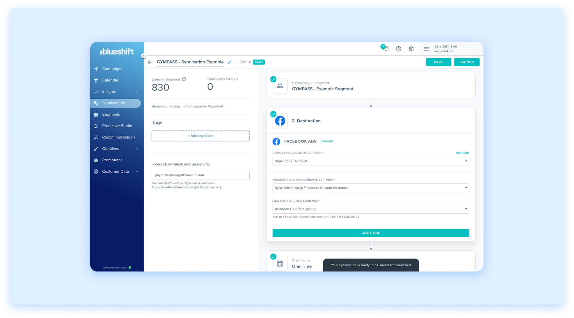 Blueshift syndication interface showing Facebook ad segment and audience sync options.