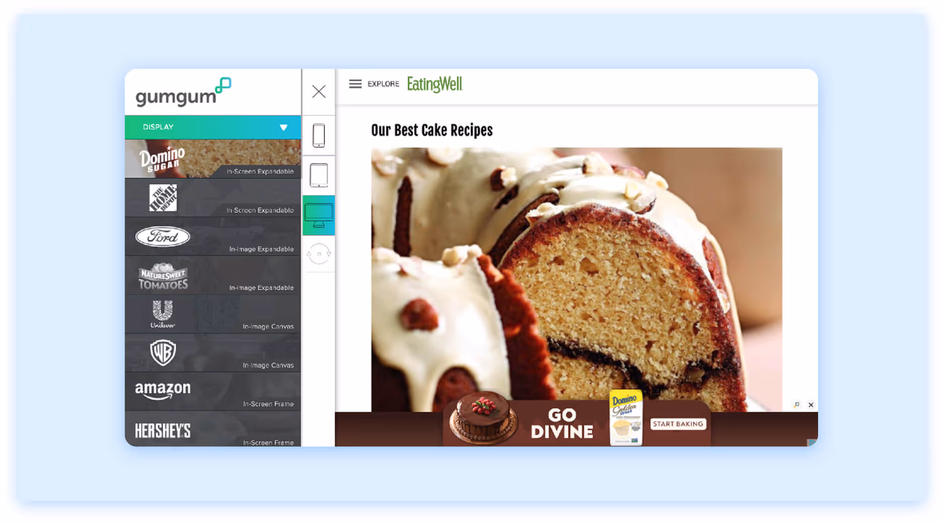 GumGum ad platform interface showing display ad formats alongside a Domino Sugar cake recipe ad.