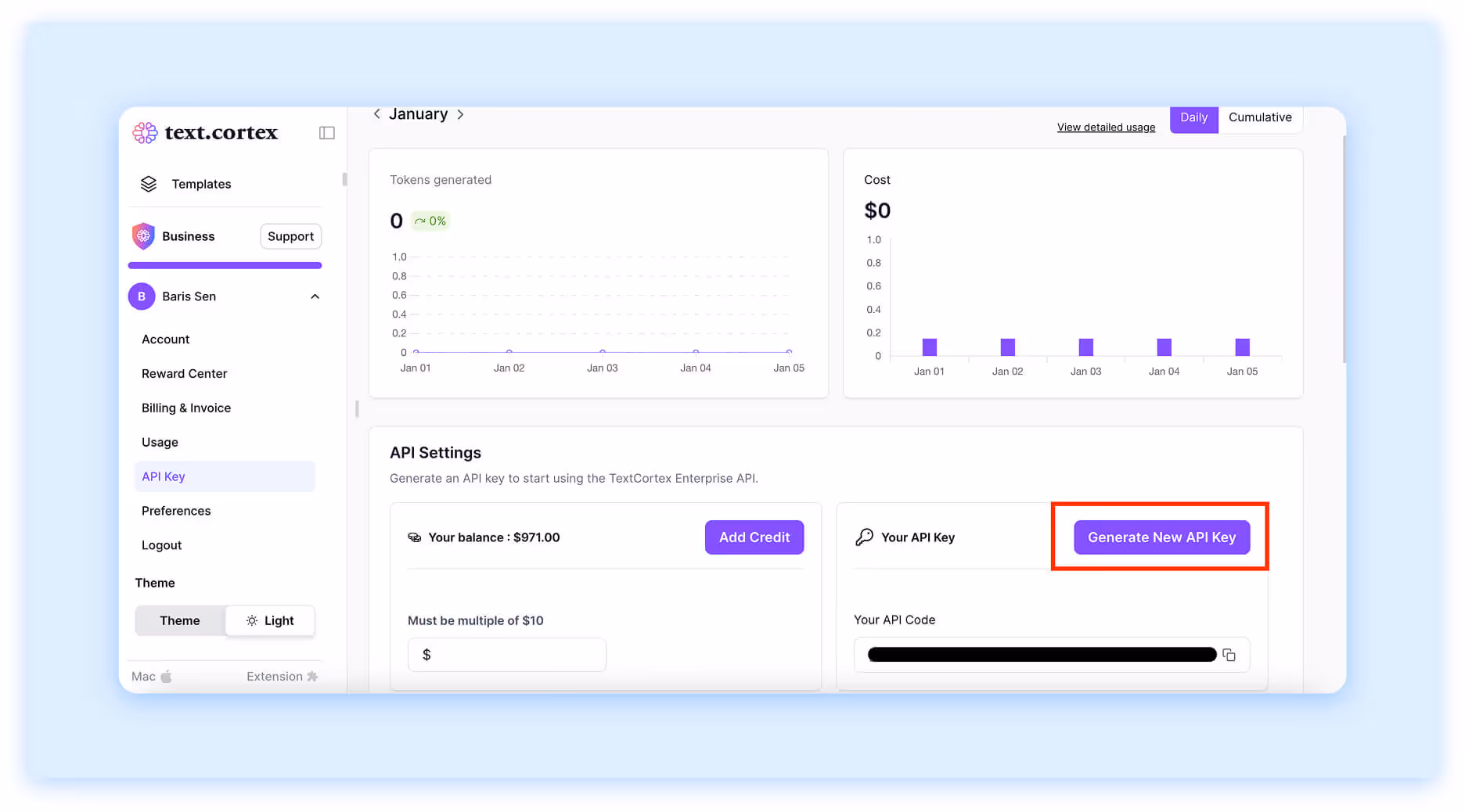 TextCortex API dashboard with token usage, cost tracking, and key generation settings.