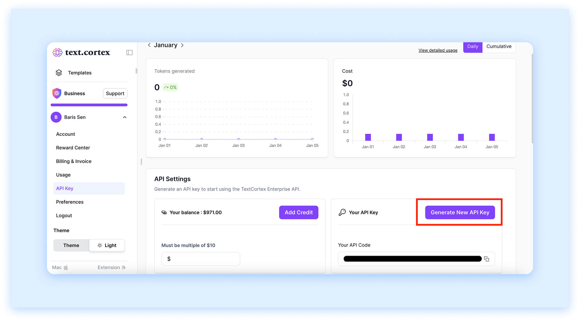 TextCortex API dashboard with token usage, cost tracking, and key generation settings.