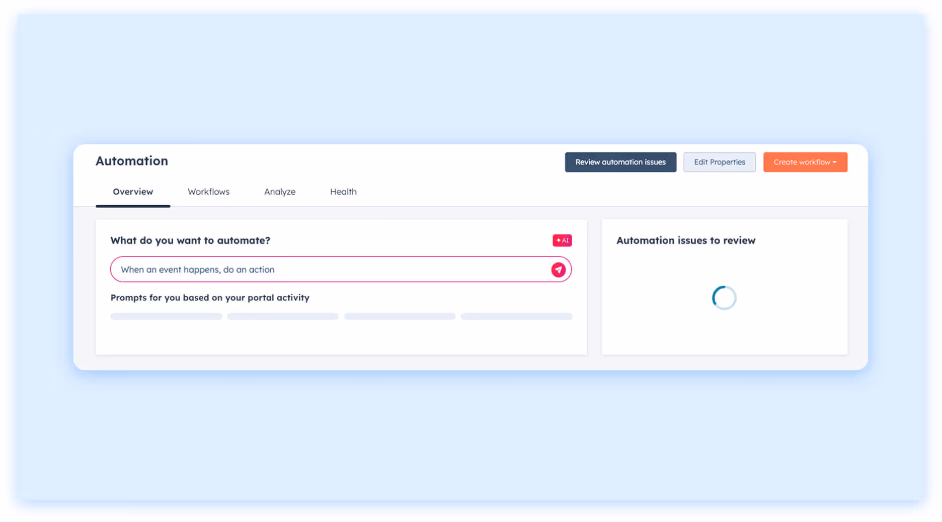 HubSpot automation dashboard showing workflow setup with options to trigger actions and review issues.