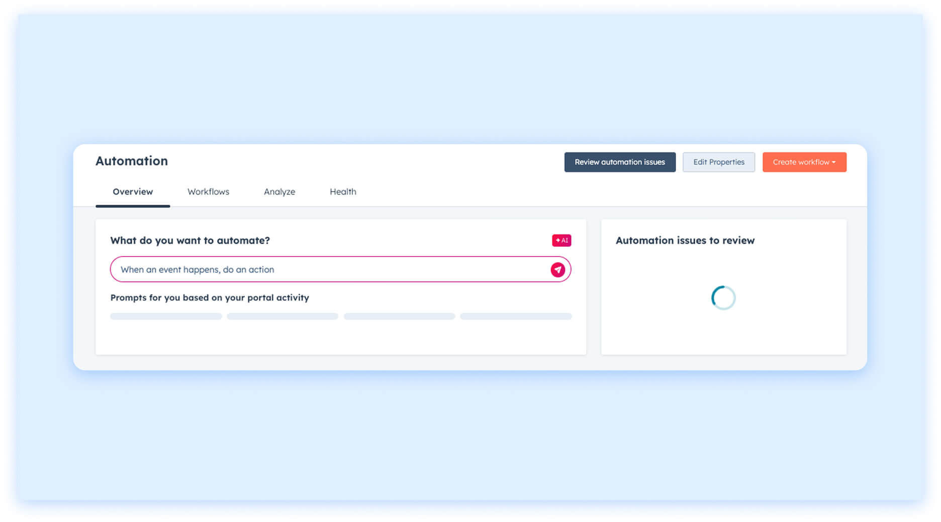HubSpot automation dashboard showing workflow setup with options to trigger actions and review issues.