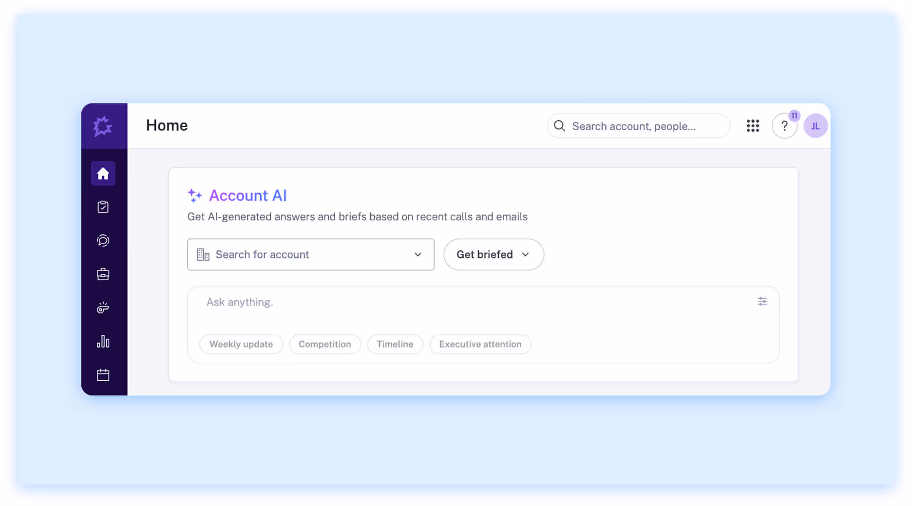 Gong Account AI dashboard showing tools for generating briefings and insights from recent calls and emails.