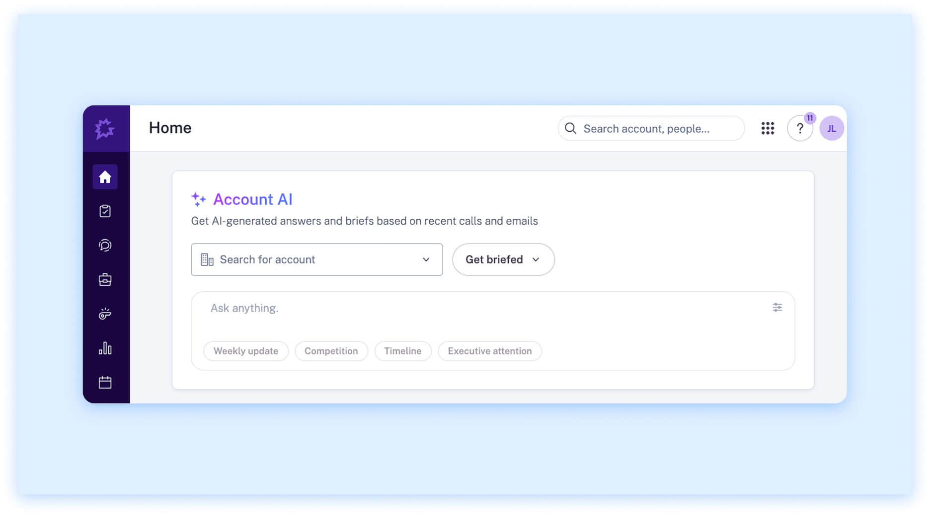 Gong Account AI dashboard showing tools for generating briefings and insights from recent calls and emails.