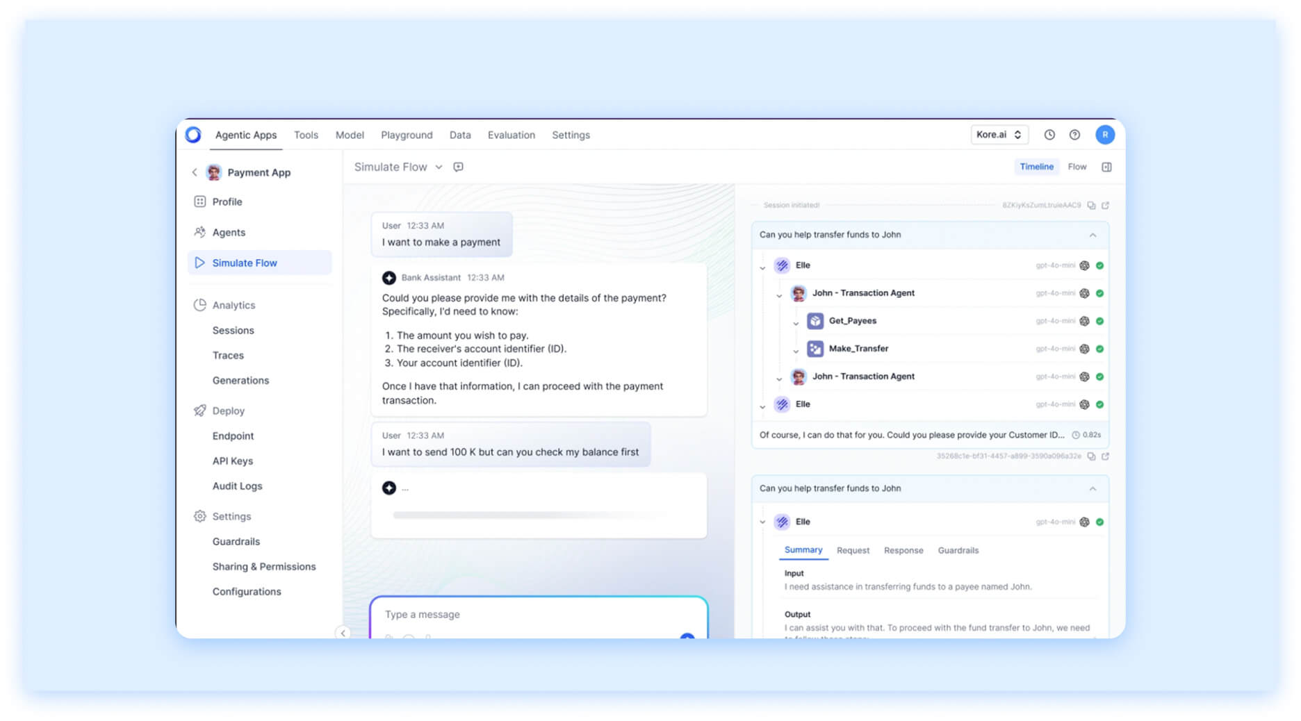 Kore.ai simulation dashboard showing a payment chatbot flow, agent actions, and user-bot conversation timeline.