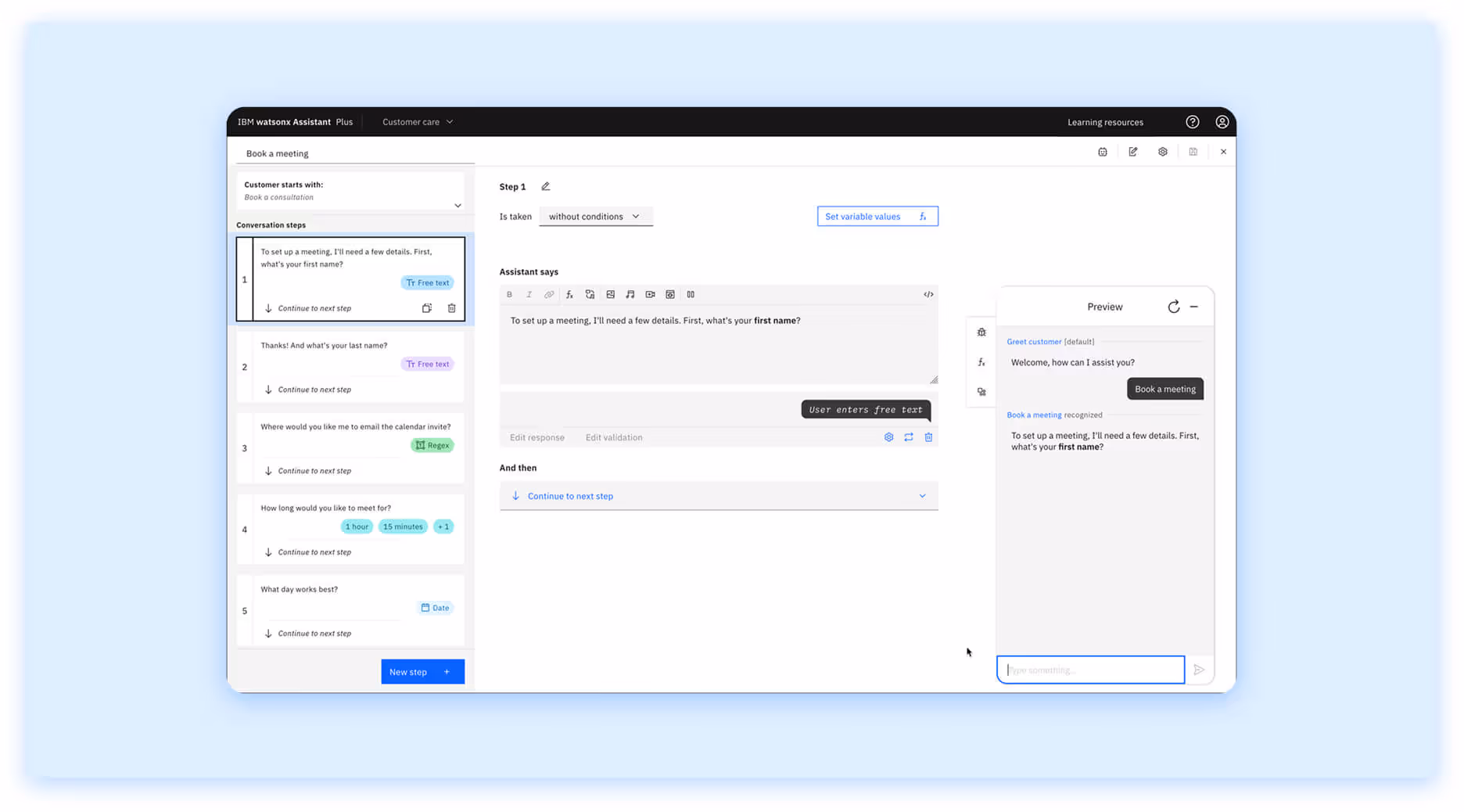 IBM watsonx Assistant interface showing a chatbot flow builder for booking meetings, with editable conversation steps and live preview.